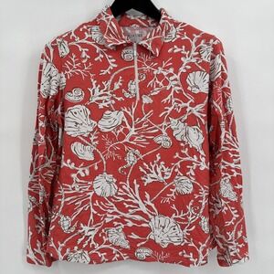 ICIKULS Sun Shirt Women Large Red‎ White Sea Shells 1/4 Zip IceFil UPF 50